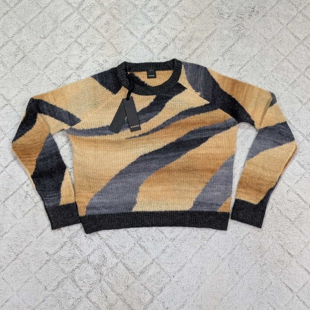Pinko Sweater Womens L Gray Yellow Candia Maglia Giallo Alpaca Wool Jacquard NEW